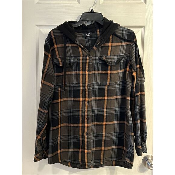 BURNSIDE Hoodie Mens Medium Black Plaid Flannel Button Down‎ Long Sleeves Jacket - Picture 1 of 5